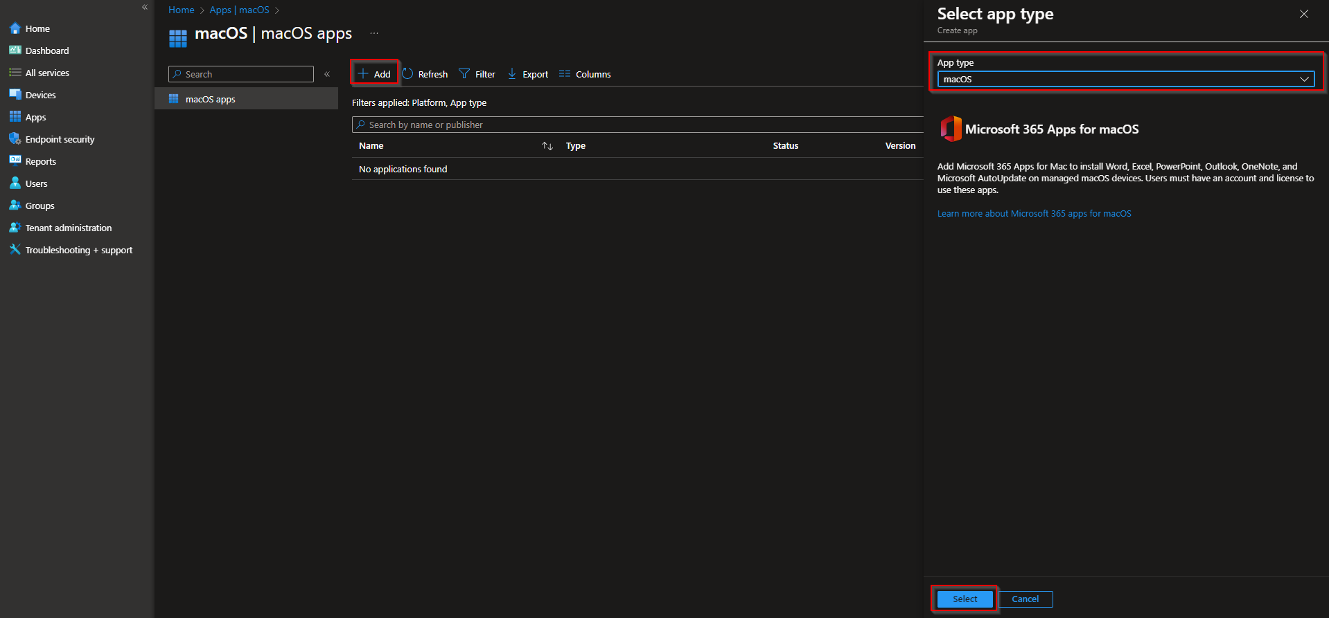 Adding Microsoft 365 apps app type for macOS in Intune